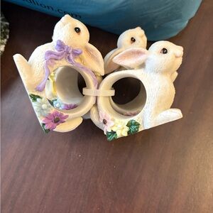 Decorative White and purple Bunnies Napkin Rings and Angel napkin rings.